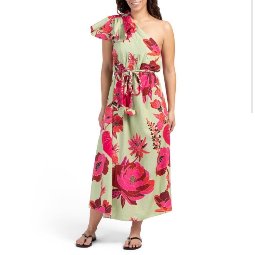 Farm Rio Fresh Garden Green One shoulder maxi dress